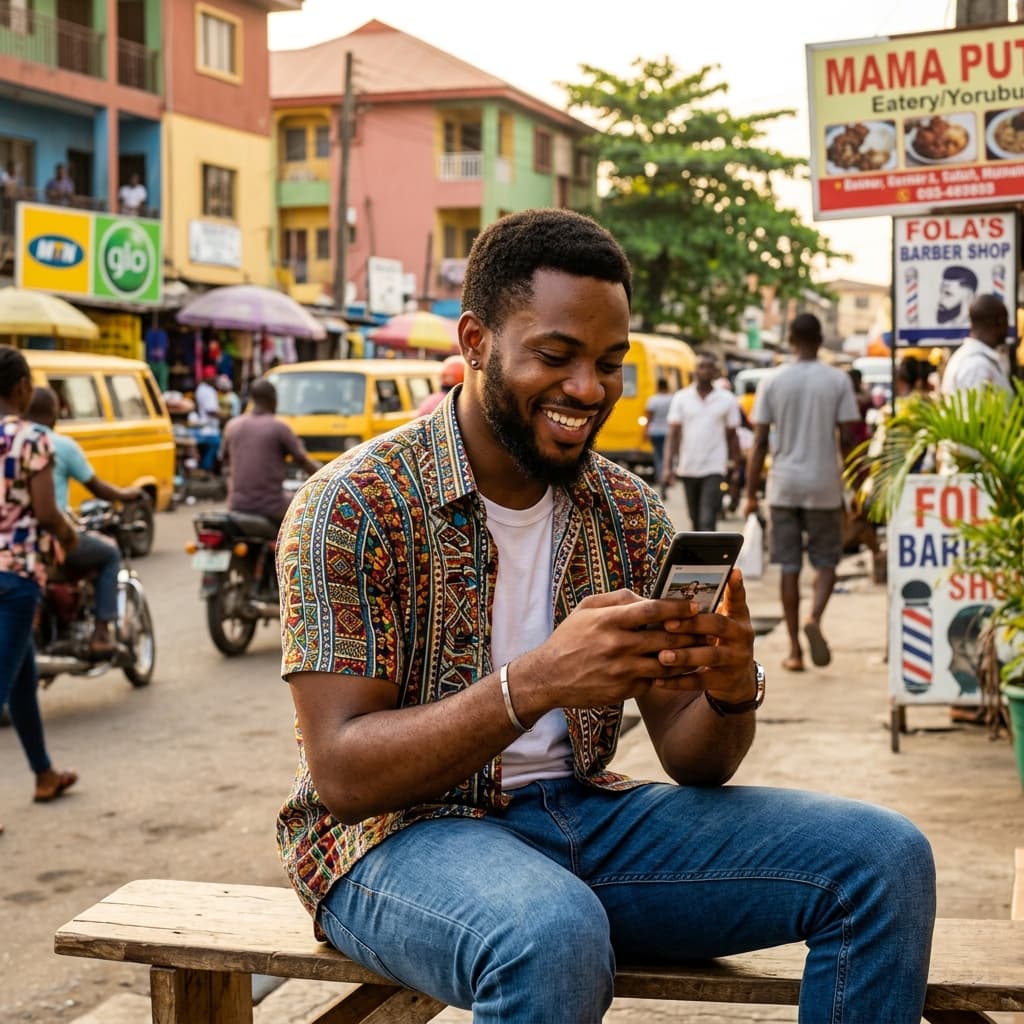 Nigerian man smiling happily while checking cash task earnings on smartphone