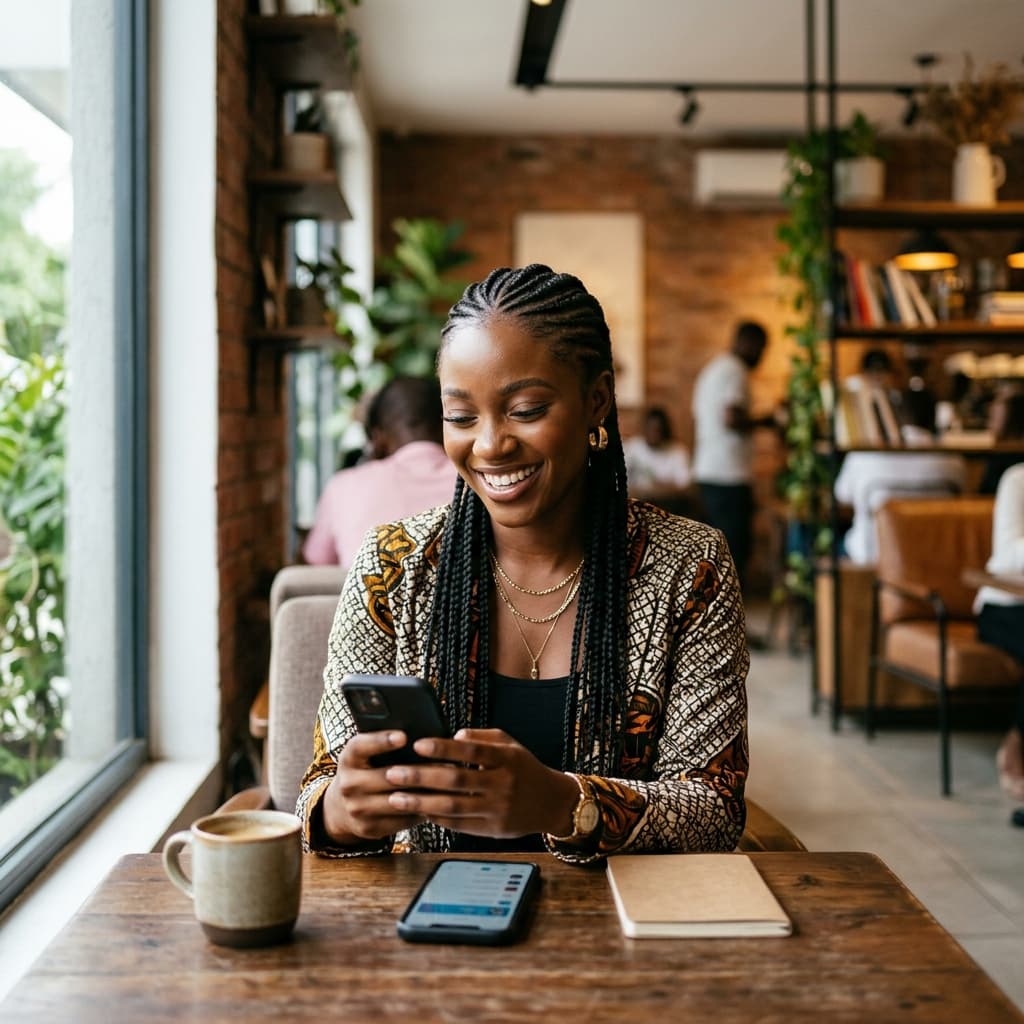 Happy Nigerian woman earning cash rewards online